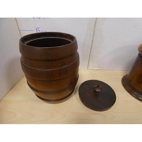 15 - Lignum vitae string holder and a biscuit barrel.  (2)...