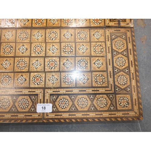 18 - Antique marquetry games board with backgammon interior....