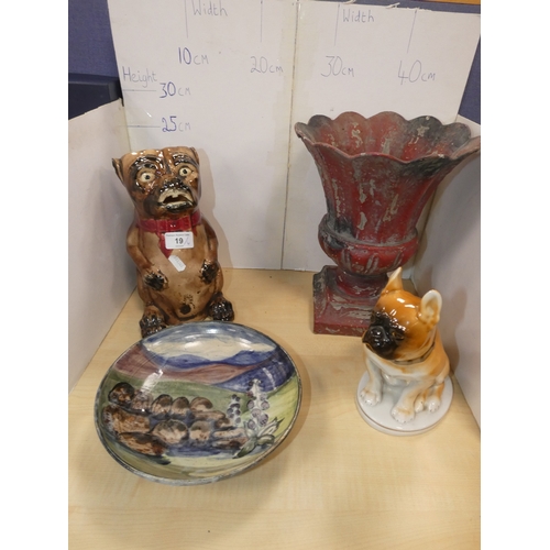 19 - 19th century pug dog tobacco jar (a/f), hand-painted plate, planter in the form of a Quimper urn, an...