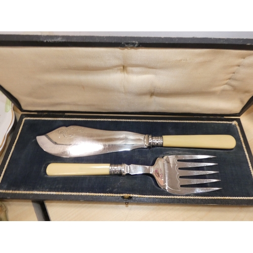 22 - Assorted ceramics, fish servers, berry spoons, hedgehog ornament, hand-painted candlesticks, Coalpor...