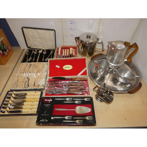 24 - EP to include fish knives and forks, teaspoons, Picquot ware teapot, tray, coffee pot etc....