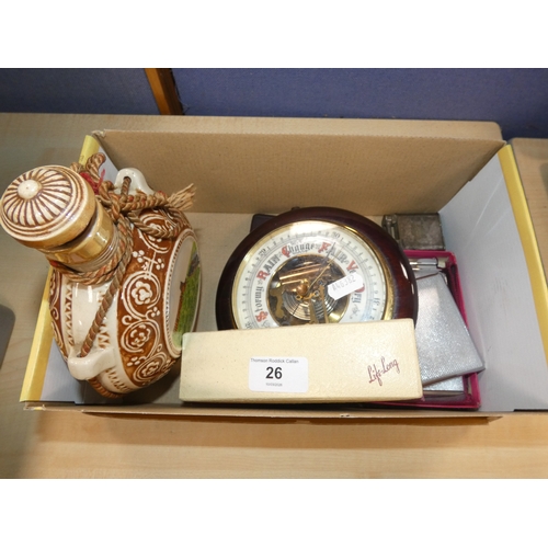 26 - Curios to include a circular wall barometer, flask, lighter, silver propelling pencil etc....