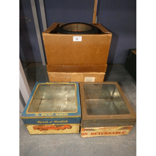 30 - Bowler hat (lining a/f), two biscuit boxes to include Carr's of Carlisle and Lang & Co Ltd....