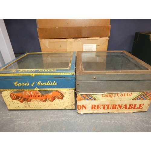 30 - Bowler hat (lining a/f), two biscuit boxes to include Carr's of Carlisle and Lang & Co Ltd....
