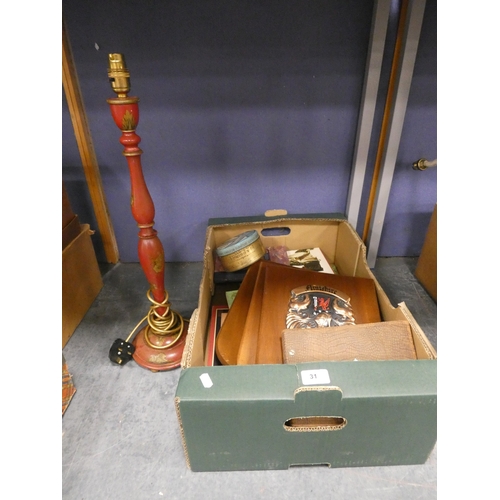 31 - Carton containing a chinoiserie table lamp, books, armorial plaques, postcard album etc....