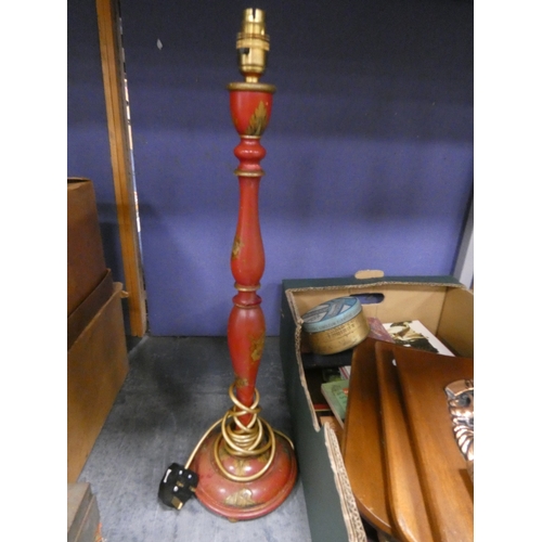 31 - Carton containing a chinoiserie table lamp, books, armorial plaques, postcard album etc....