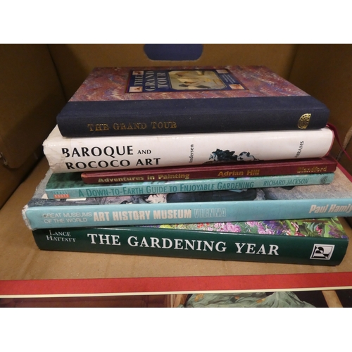 31 - Carton containing a chinoiserie table lamp, books, armorial plaques, postcard album etc....