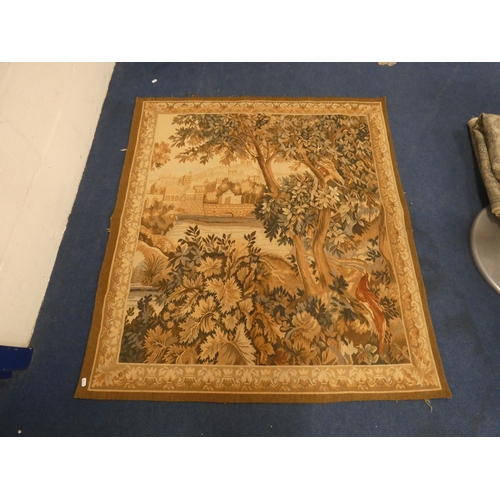 Machine-made tapestry depicting a landscape scene with town to the ...