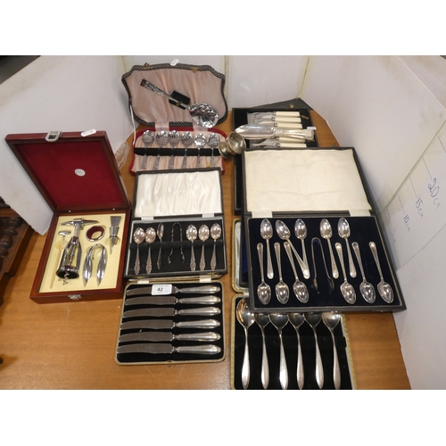 42 - Large collection of EP cutlery to include fish knives and forks, teaspoons, set of six silver-handle...