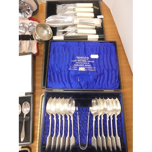 42 - Large collection of EP cutlery to include fish knives and forks, teaspoons, set of six silver-handle...