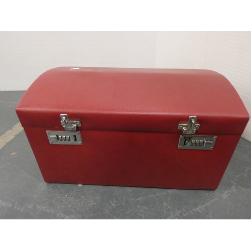 43 - Red jewellery chest with fitted interior and combination lock....