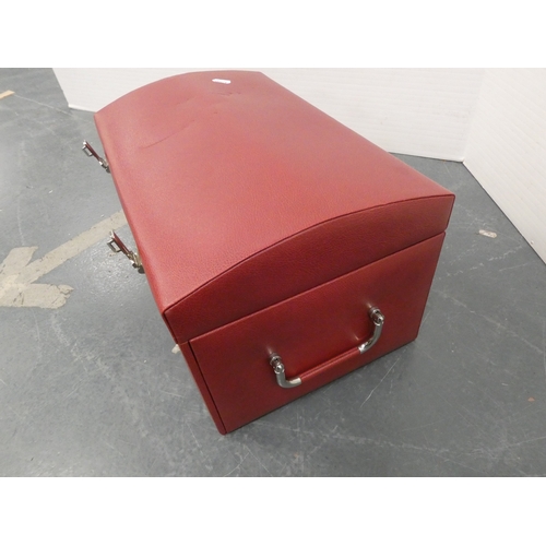 43 - Red jewellery chest with fitted interior and combination lock....