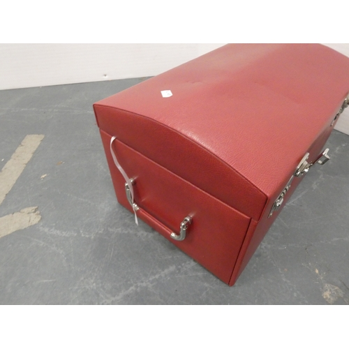43 - Red jewellery chest with fitted interior and combination lock....