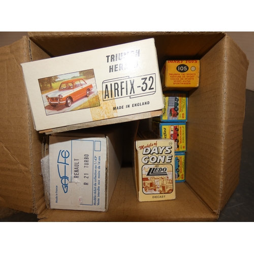 44 - Small carton containing models to include Airfix Triumph Herald, also Dinky and Days Gone examples, ...