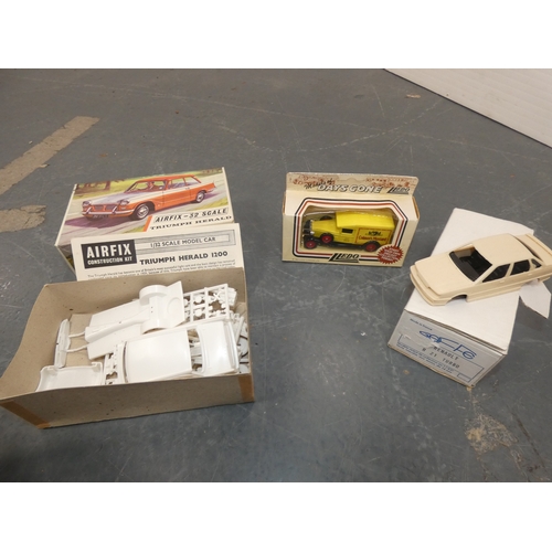 44 - Small carton containing models to include Airfix Triumph Herald, also Dinky and Days Gone examples, ...