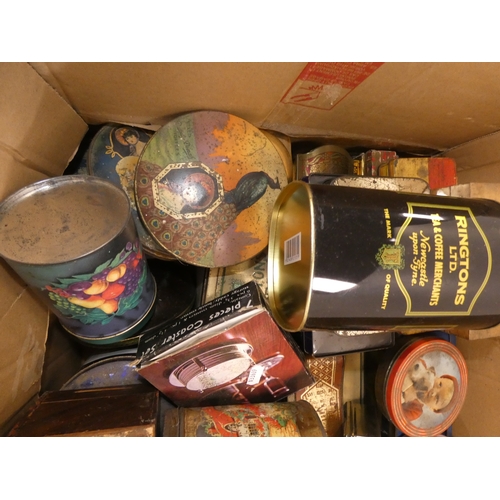 45 - Large carton containing tins to include Rington's Tea, Danish toffee, also a set of coasters etc....