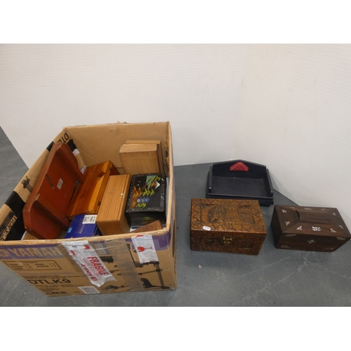 46 - Carton containing carved camphorwood portable box, 19th century mother of pearl inlaid tea caddy, pi...