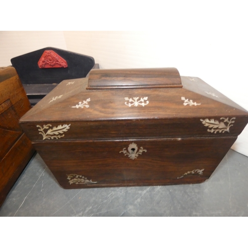 46 - Carton containing carved camphorwood portable box, 19th century mother of pearl inlaid tea caddy, pi...