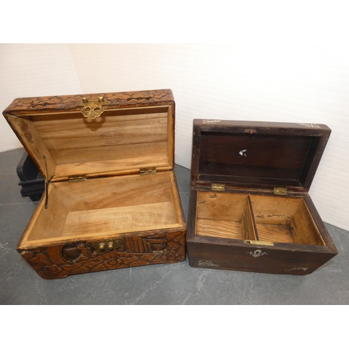 46 - Carton containing carved camphorwood portable box, 19th century mother of pearl inlaid tea caddy, pi...