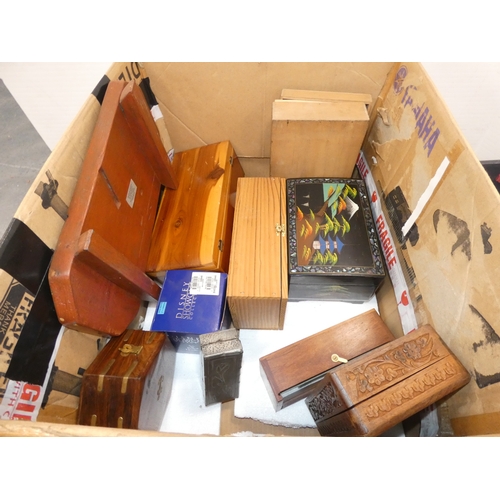 46 - Carton containing carved camphorwood portable box, 19th century mother of pearl inlaid tea caddy, pi...