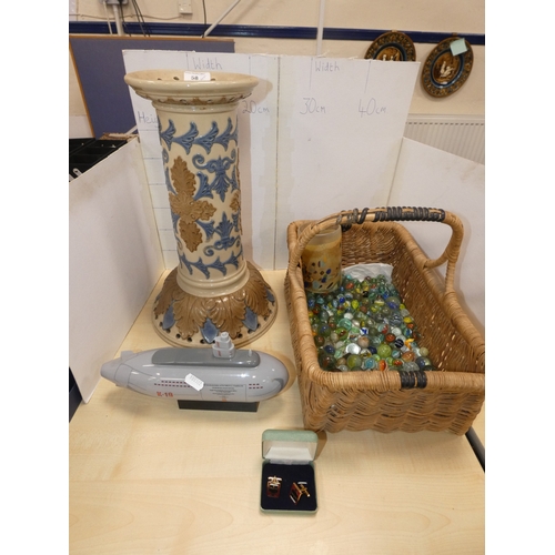 58 - Antique pottery jardini&egrave;re stand decorated with scrolls and fleur-de-lys motifs, quantity of ...