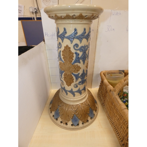 58 - Antique pottery jardini&egrave;re stand decorated with scrolls and fleur-de-lys motifs, quantity of ...