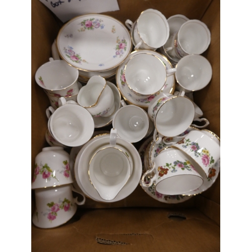 8 - Two cartons containing assorted floral decorated china tea and dinnerwares to include Pall Mall, Val...