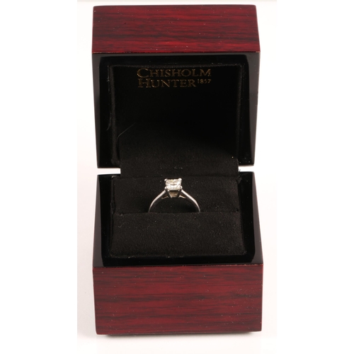 52A - Platinum ring set with square cut diamond solitaire, diamond is lab grown and just under 1ct in weig... 