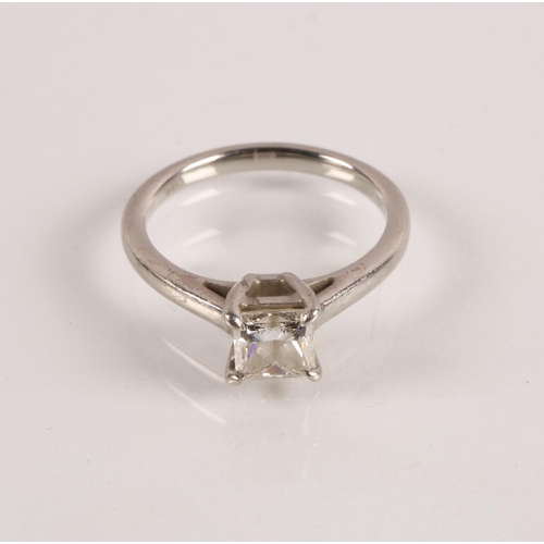 52A - Platinum ring set with square cut diamond solitaire, diamond is lab grown and just under 1ct in weig... 