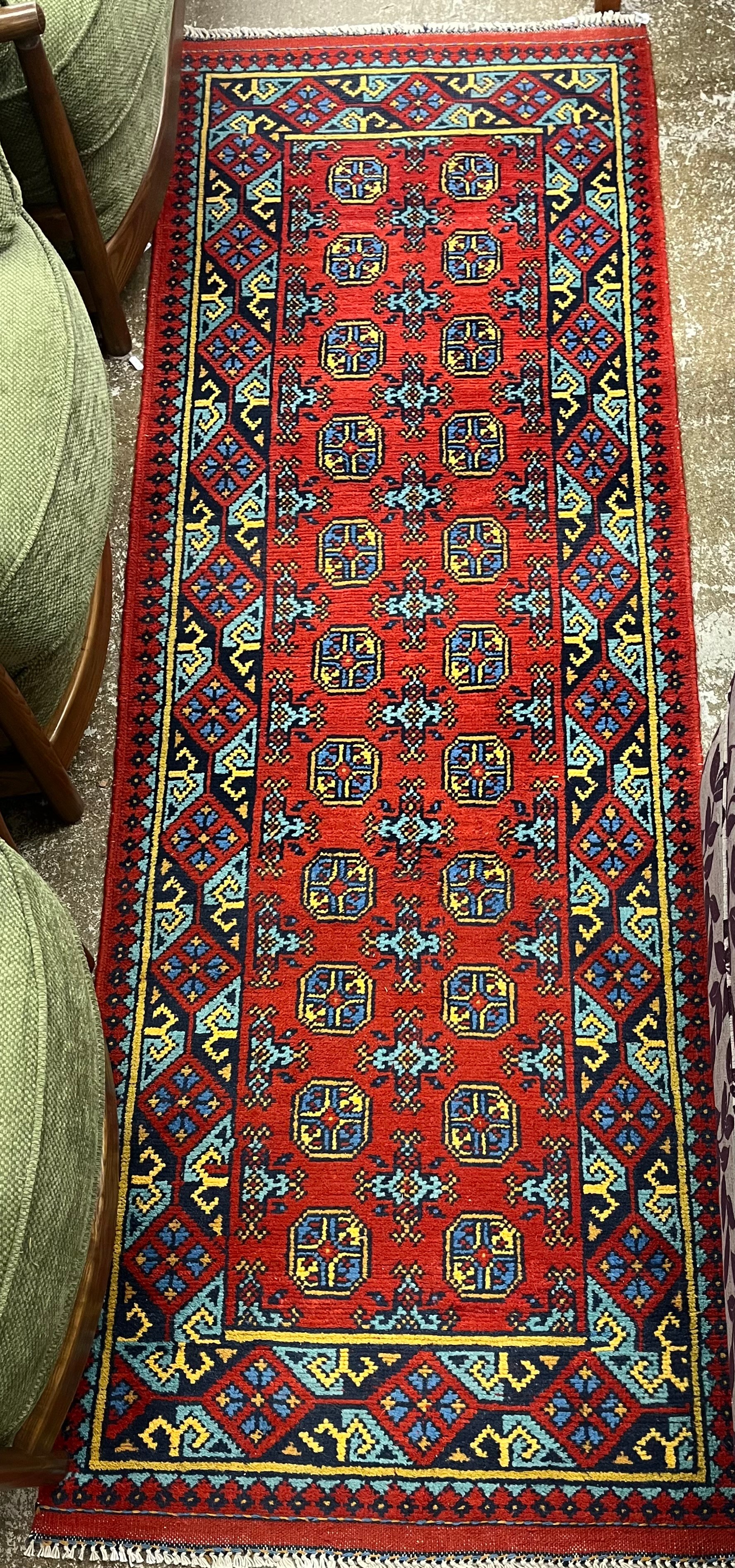 Geometric patterned hall runner, 254cm x 85cm.