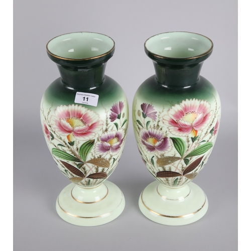 11 - Pair hand painted milk glass vases, 33cm h.