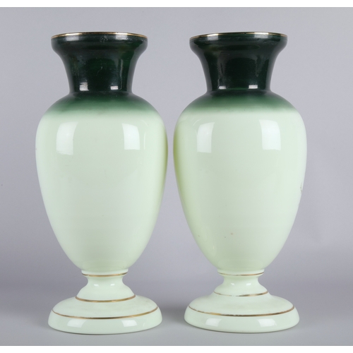 11 - Pair hand painted milk glass vases, 33cm h.