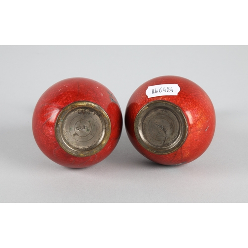 2 - Pair red ground cloisonne vases depicting cranes, each 12.5cm h. with impressed marks to base