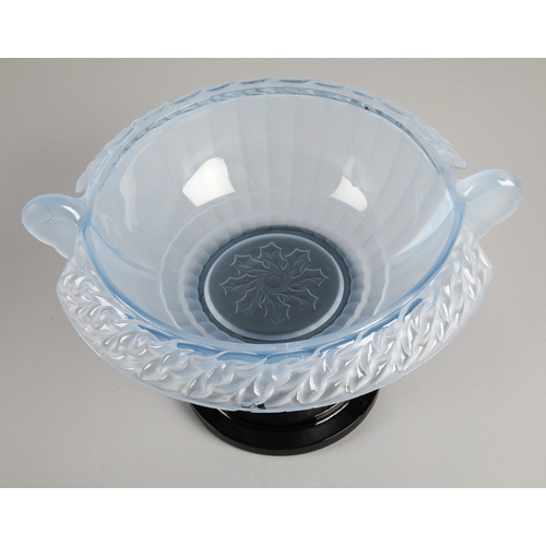 22 - Blue frosted glass pedestal bowl, diameter 26cm.