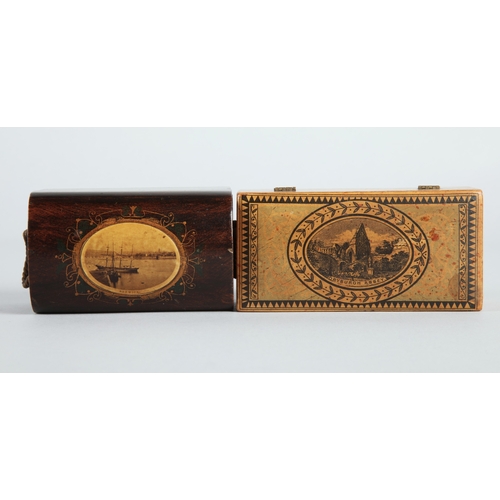 24 - Two Mauchline ware trinket boxes, with central oval design depicting 'Dryburgh Abbey' and 'Berwick' ... 