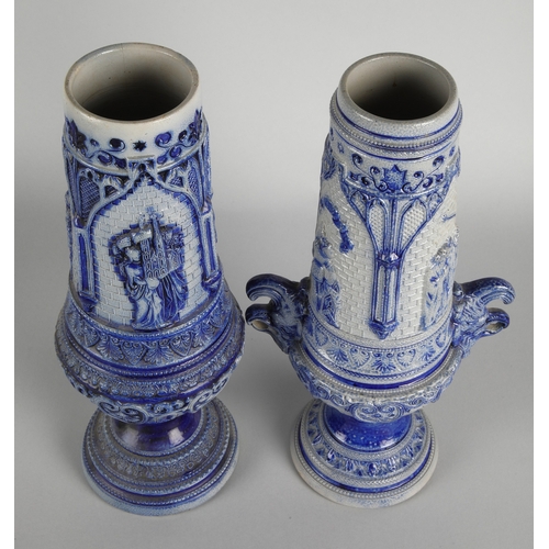 26 - German Westerwald style cobalt blue decorated footed vases, both approx. 31cm h.