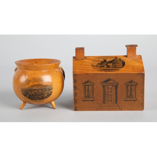 32 - Collection of Mauchline ware to include miniature caldron, string ball, trinket boxes, house form mo... 