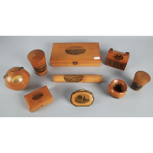 32 - Collection of Mauchline ware to include miniature caldron, string ball, trinket boxes, house form mo... 