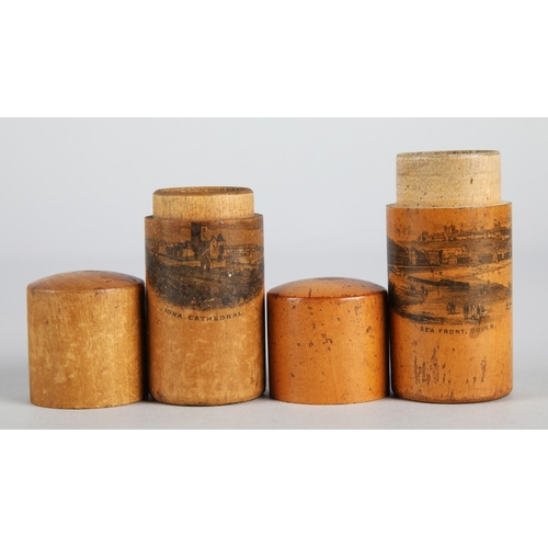 39 - Collection of Mauchline Ware to include miniature cup and bell, thermometer, cylindrical box, 'Princ... 