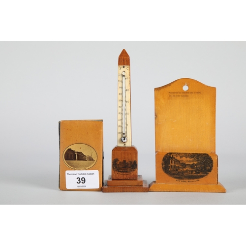 39 - Collection of Mauchline Ware to include miniature cup and bell, thermometer, cylindrical box, 'Princ... 