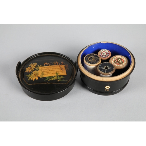 39 - Collection of Mauchline Ware to include miniature cup and bell, thermometer, cylindrical box, 'Princ... 