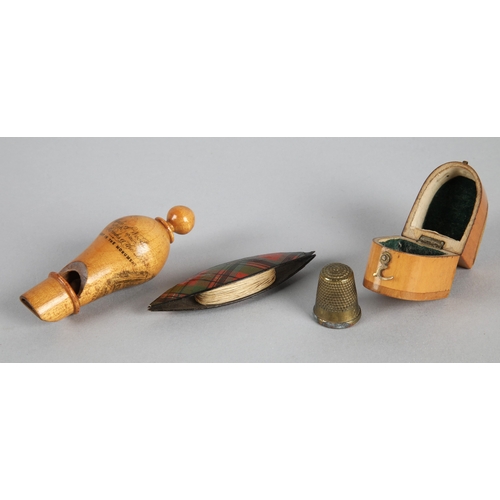 39 - Collection of Mauchline Ware to include miniature cup and bell, thermometer, cylindrical box, 'Princ... 