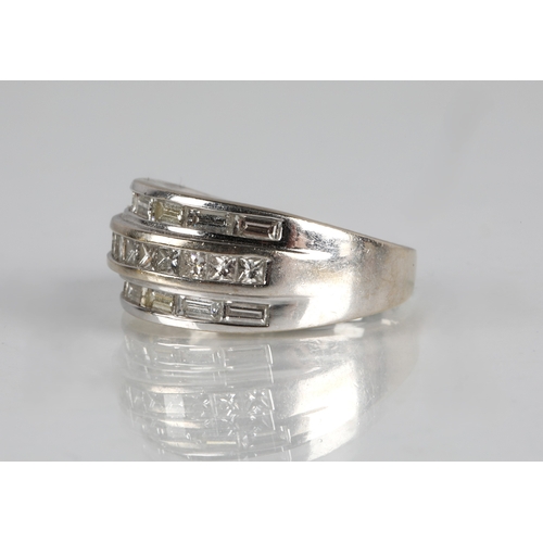 51 - 14K white gold ring set with square and baguette cut diamonds, ring size P, 7.5g