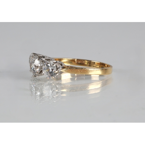 52 - 14K gold ring set with a trilogy of cubic zirconia, ring size N, 3g