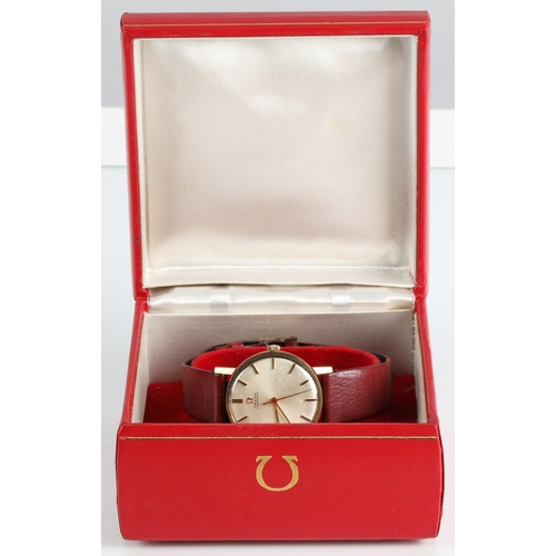 80 - Gents 9ct gold cased Omega Automatic wristwatch on leather strap, boxed