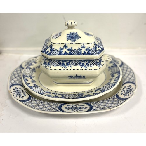 277 - C. Mallorca Felanitx blue and white tureen and platter with an Old Chelsea transfer printed platter ... 