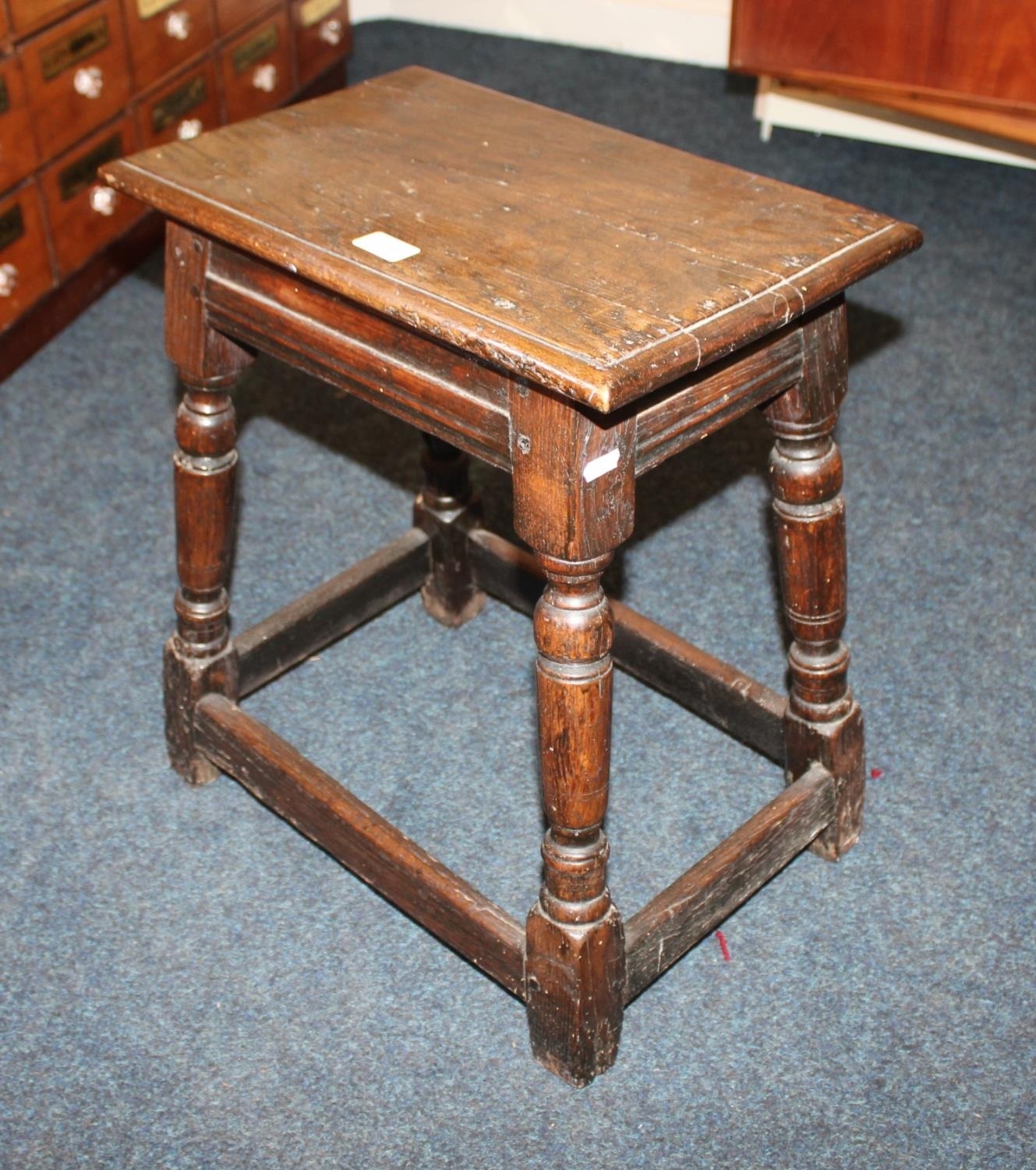 Antique Carolean style joined oak joint stool of typical form raised on ...