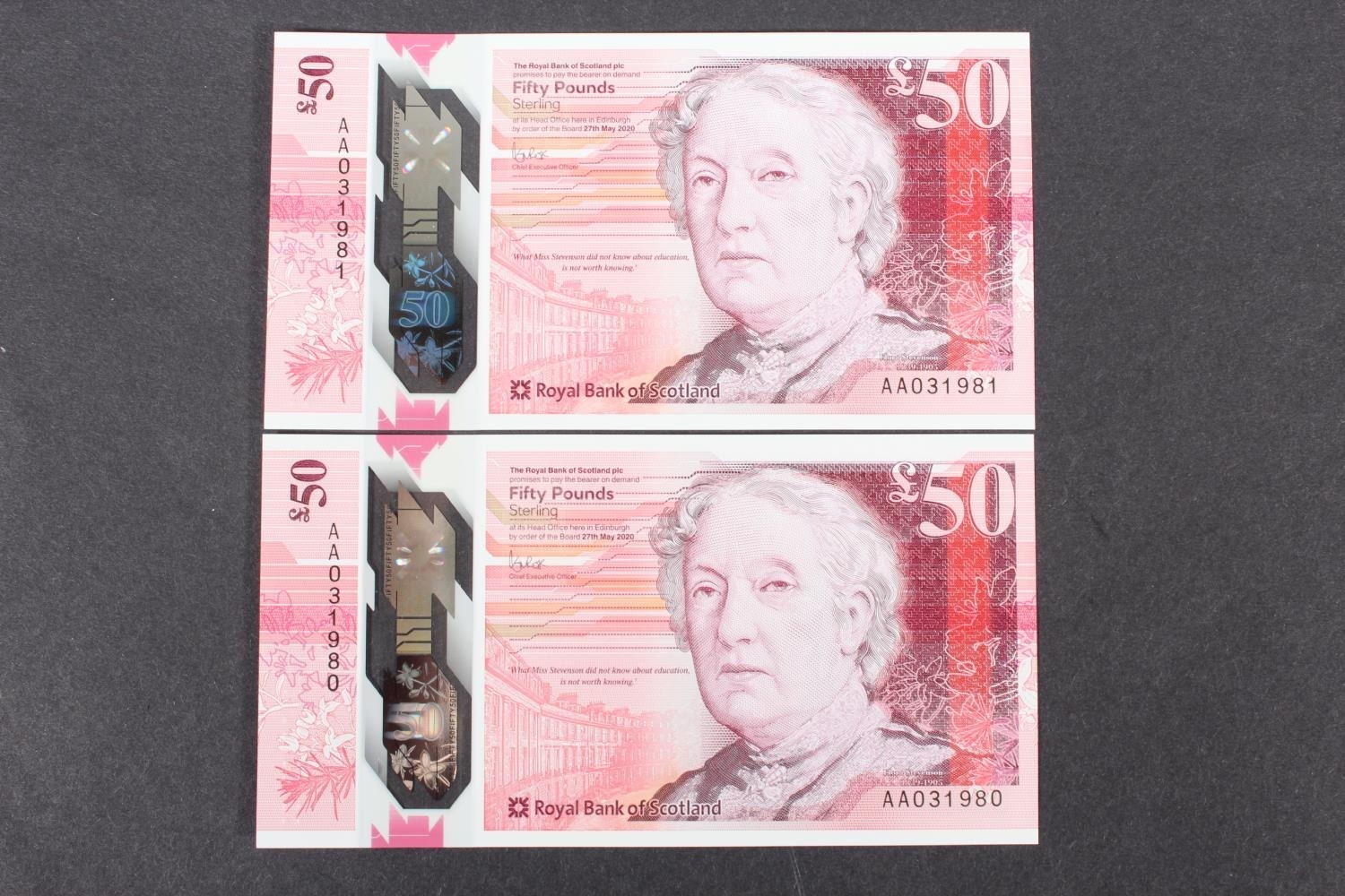 ROYAL BANK OF SCOTLAND consecutive pair of fifty pound £50 polymer ...