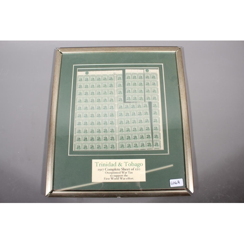 1400 - TRINIDAD AND TOBAGO King George V full 12x10 full sheet of 1917 half penny green stamps with WAR TAX... 