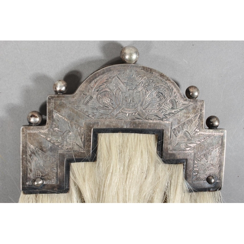 1710 - Scottish Highland Dress, a horse hair sporran, the white metal cantle etched with Edinburgh three tu... 